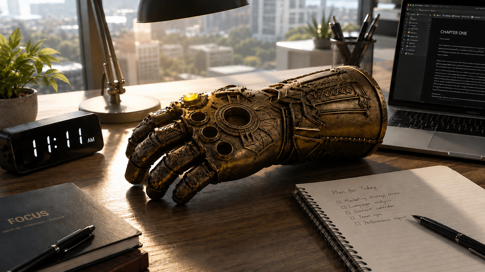 The Infinity Gauntlet resting on a writer's desk, one stone lit
